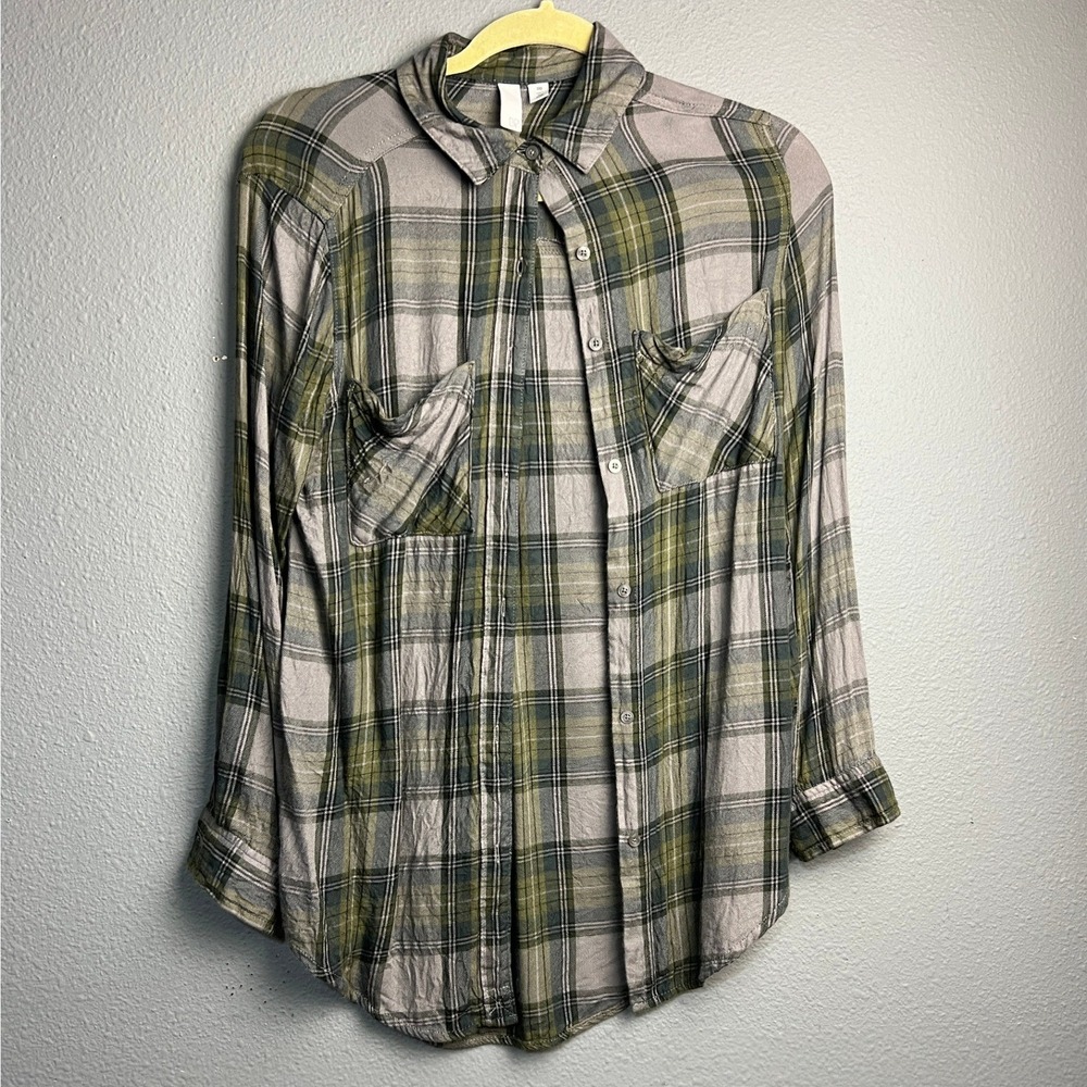 BP Nordstrom Plaid Button Down Shirt Olive Green Grey XXS Cottagecore Cabin